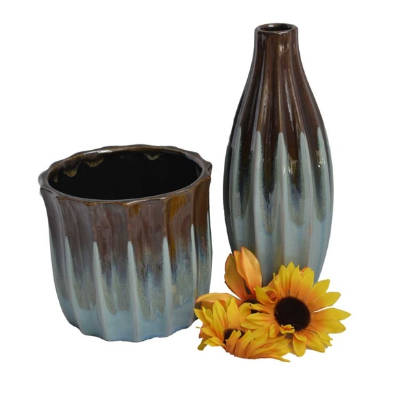 Blue Ceramic Glazed Vase Set - Picture 2 of 2
